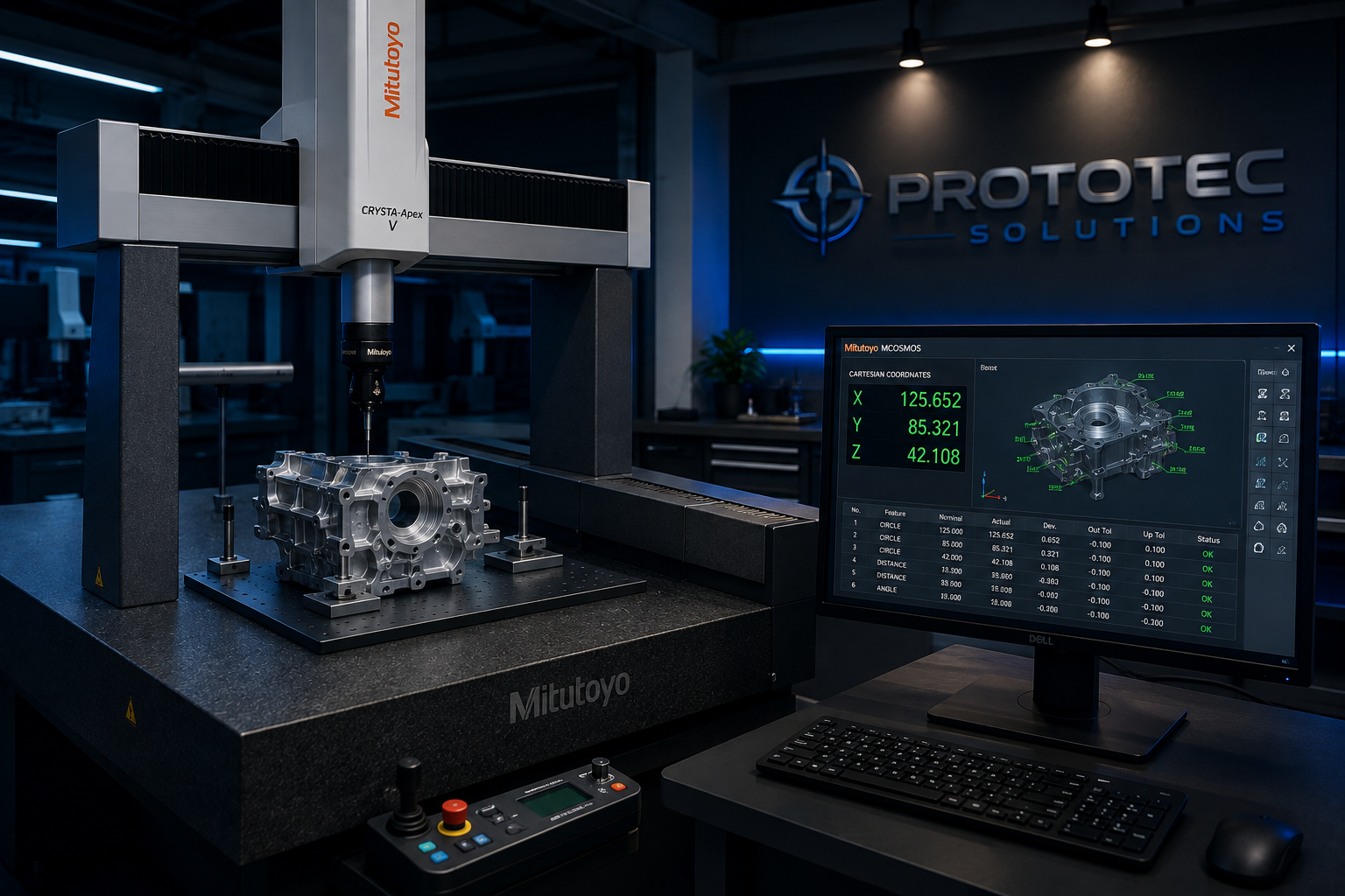 Coordinate Measuring Machine inspecting a precision component with a computer displaying measurement coordinates