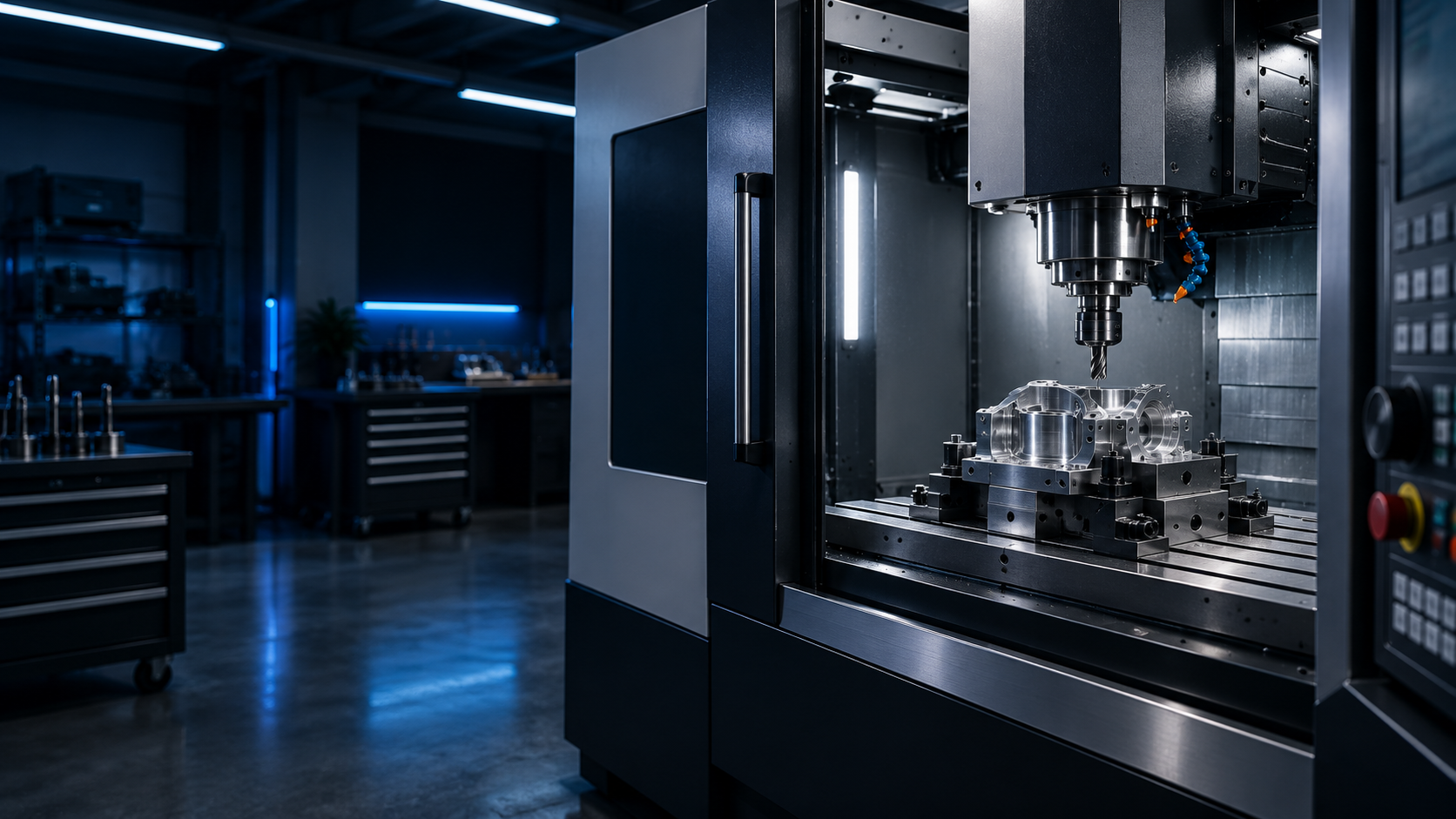 Modern CNC milling machine machining a precision component in a dark blue-lit workshop