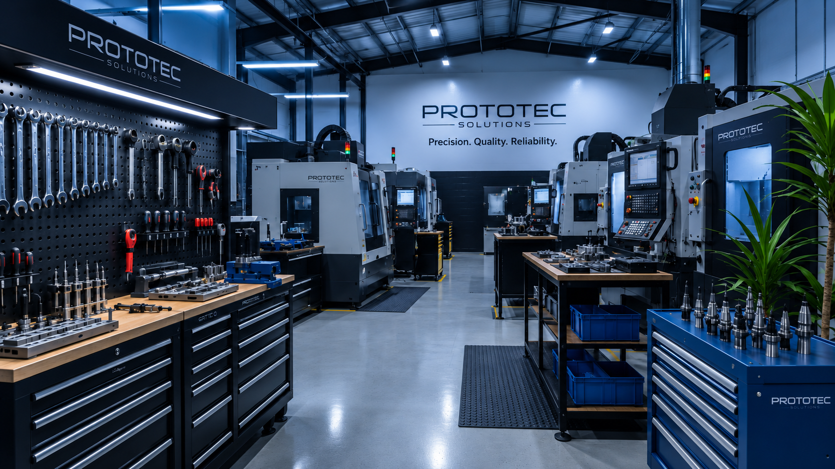 Clean and organised precision engineering workshop with CNC machines and organised tool storage