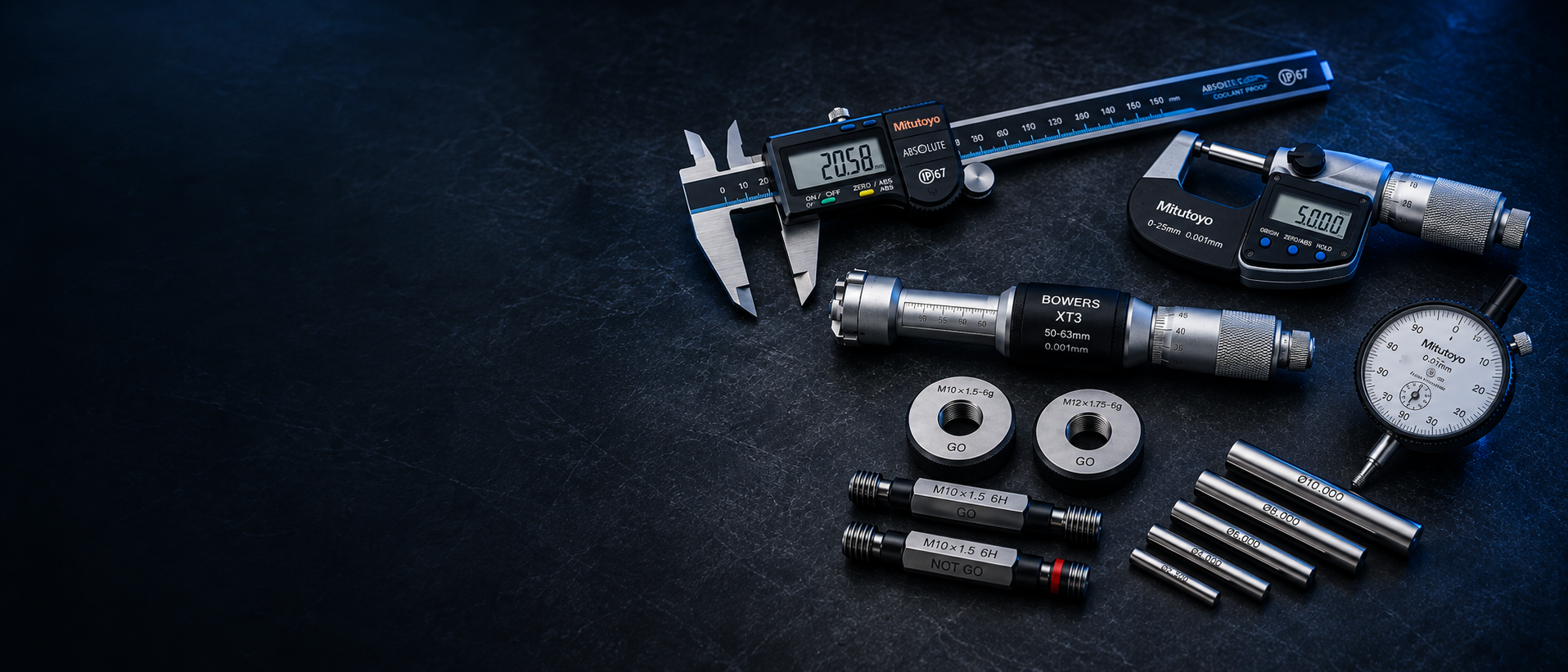 Precision metrology instruments including a digital IP67-style caliper, micrometer, bore gauge, D.T.I., thread gauges and precision pins
